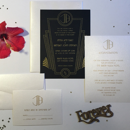 gold black art deco invitations