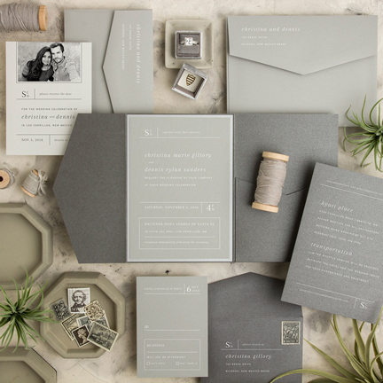 gray and white wedding invitation
