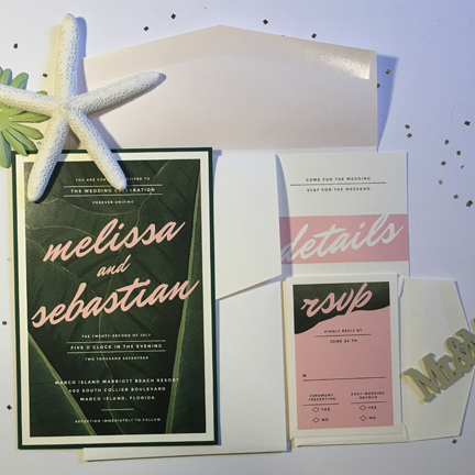green and pink tropical wedding invitation